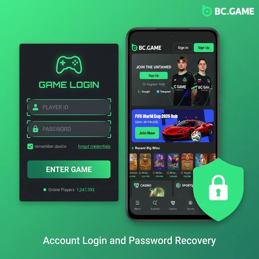 BC Game login panel with sign in options, 2FA prompts, and forgot password recovery steps