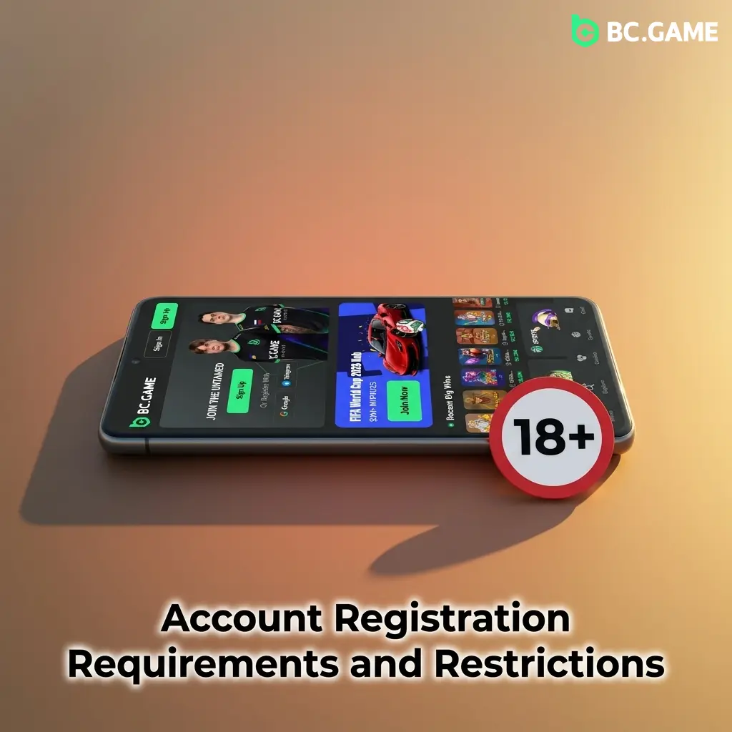 BC Game registration requirements showing age, one account, identity verification, payment ownership, and restricted regions