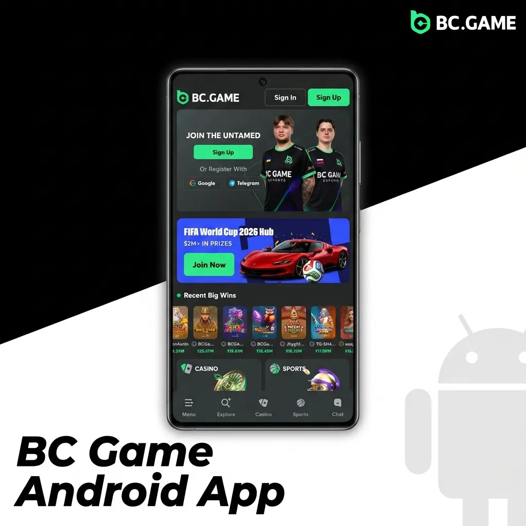 BC Game Android app APK download button with installation steps for secure login and two-factor authentication