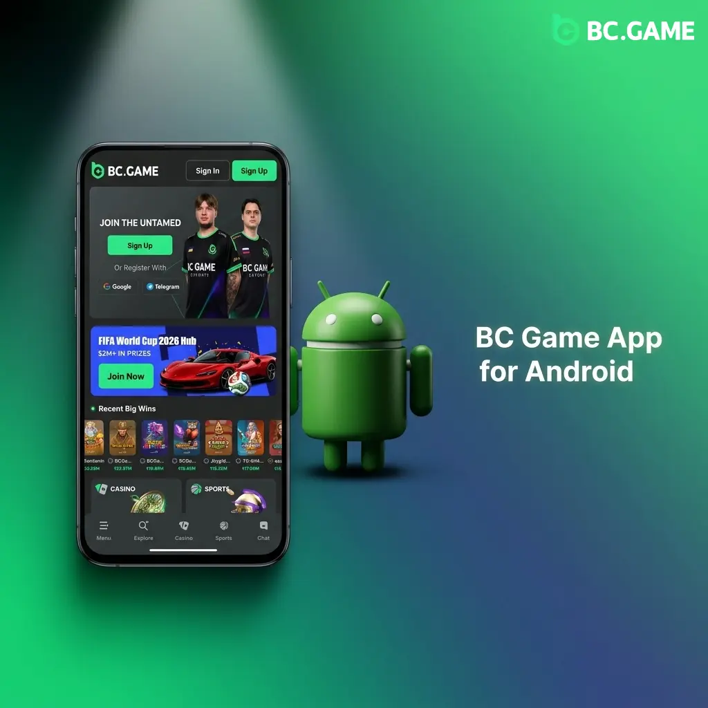 BC Game Android app download page showing APK button, device requirements, and update instructions