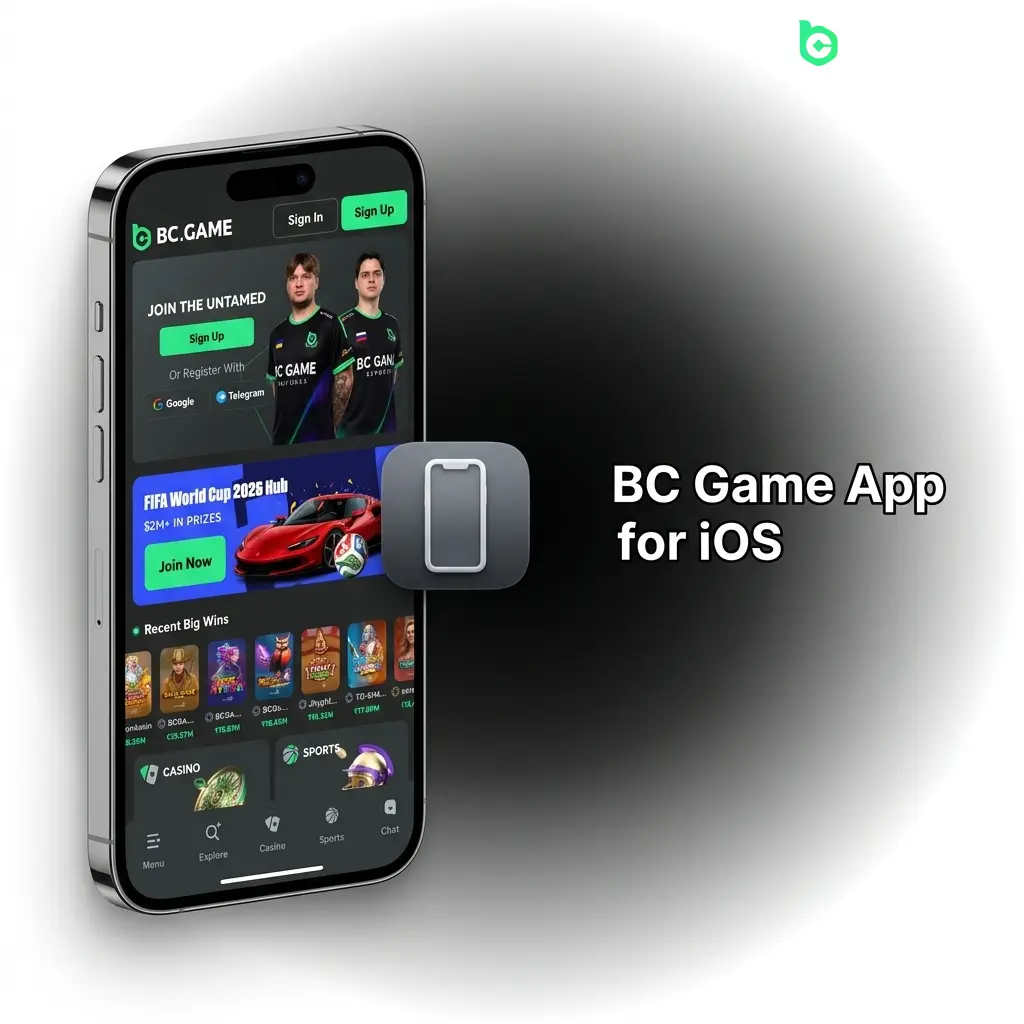 BC Game iOS app download page showing iPhone and iPad requirements, Safari access, and update options