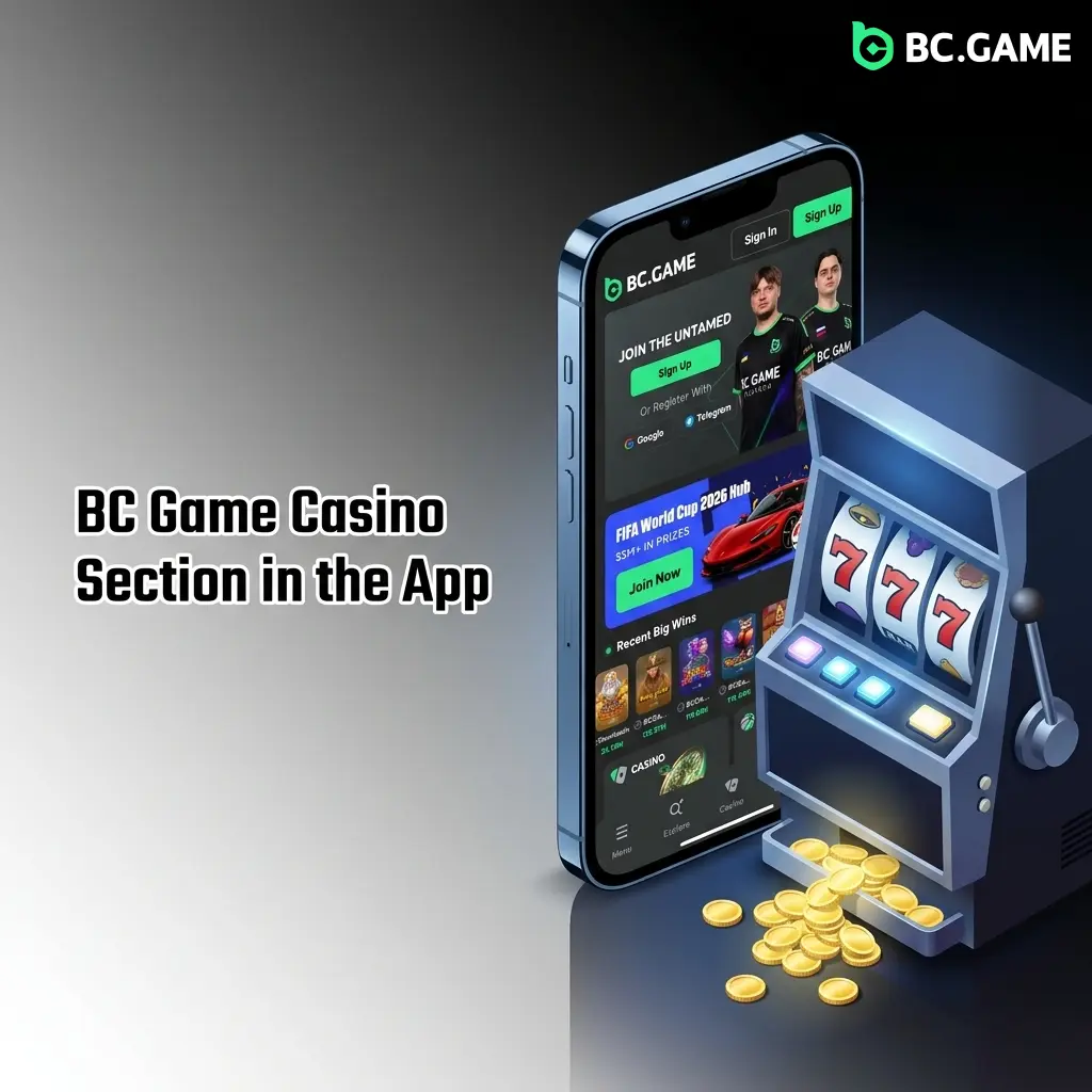 BC Game casino app section with tabs, provider filters, search, favourites, slots and live casino games