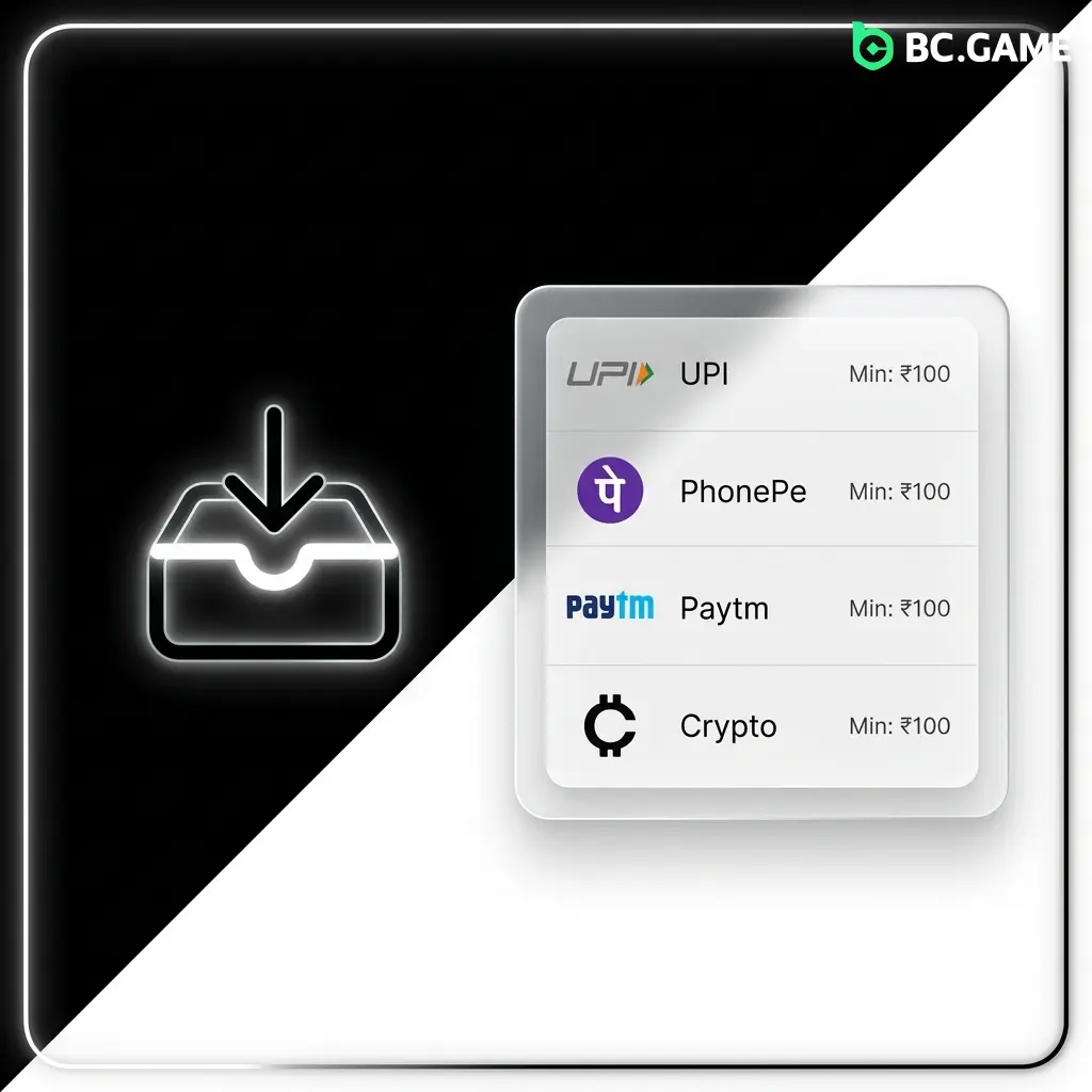 BC Game India deposit methods including UPI, PhonePe, Paytm, Google Pay, bank UPI and crypto wallets