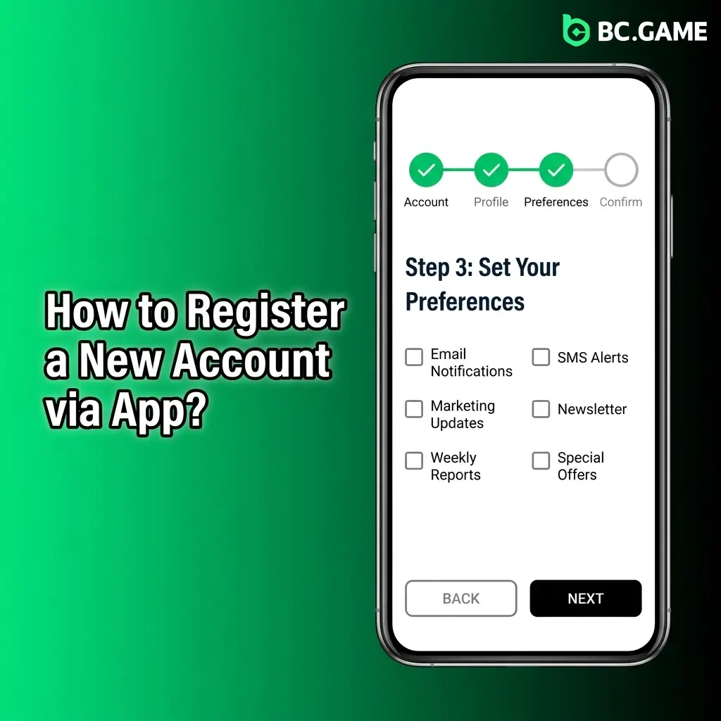 BC Game mobile app sign up screen for registering a new account with phone, email, or social login