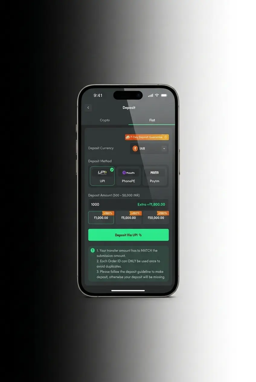 Mobile app deposit flow showing promo code field before UPI, IMPS or crypto payment approval