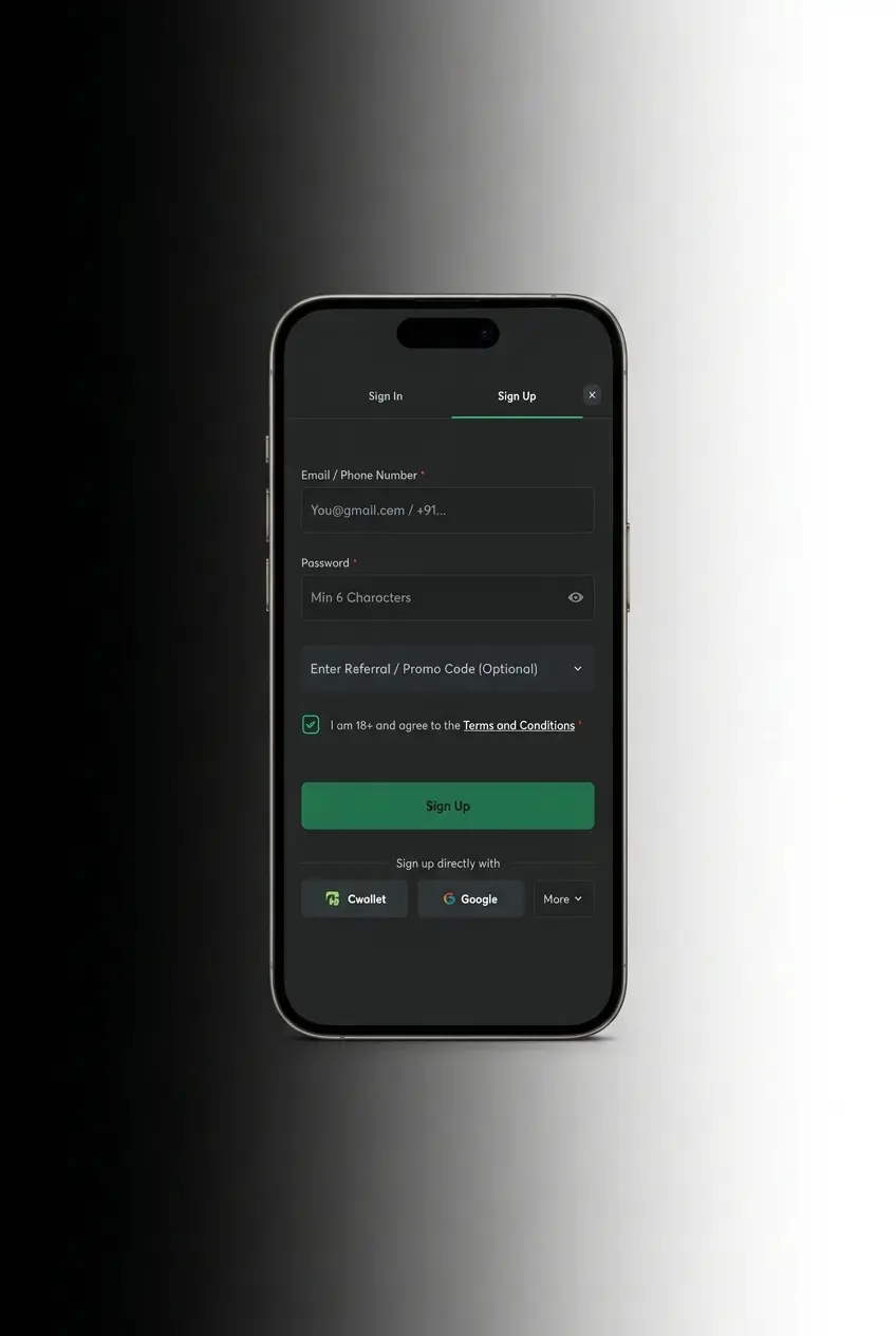 Mobile app promo code deposit flow showing steps to add bonus code before UPI, IMPS, or crypto payment