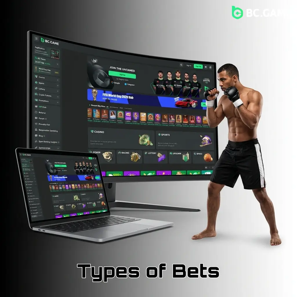 BC Game bet slip showing single, parlay and system bet types with stake, odds and payout
