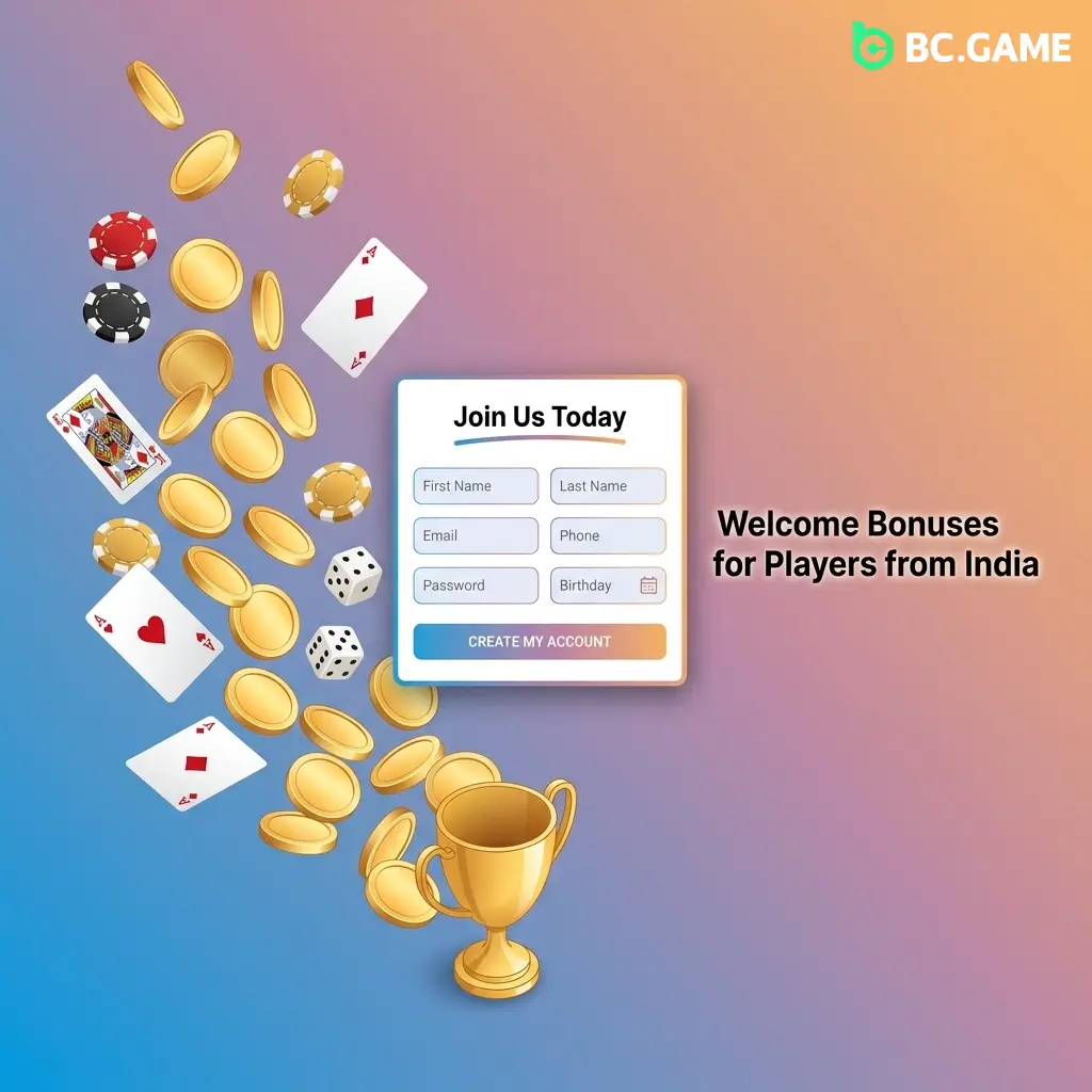 BC Game welcome bonuses for India showing 220%, 300%, 400% and 500% deposit rakeback offers