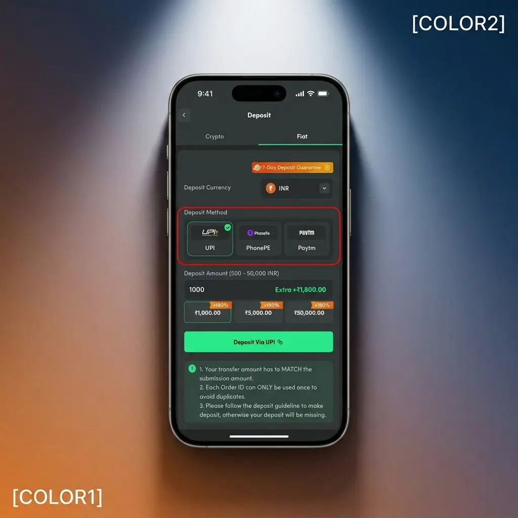 BC Game India deposit guide showing 5 steps to add INR or crypto via UPI, Paytm, USDT or Bitcoin