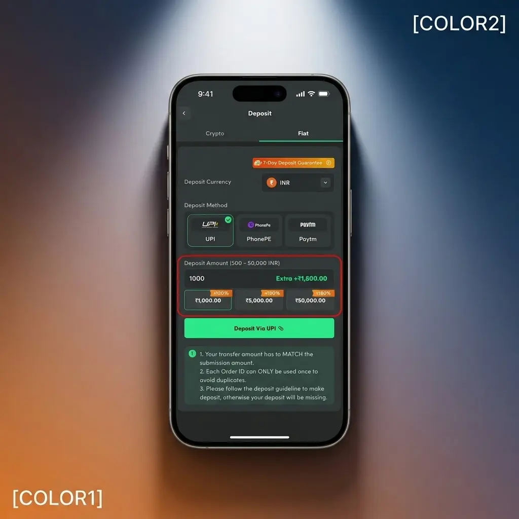 BC Game India deposit guide showing five steps to add INR or crypto via UPI, PhonePe, Paytm, USDT or Bitcoin