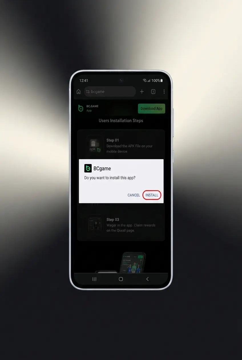BC Game APK download and Android installation steps on a smartphone screen