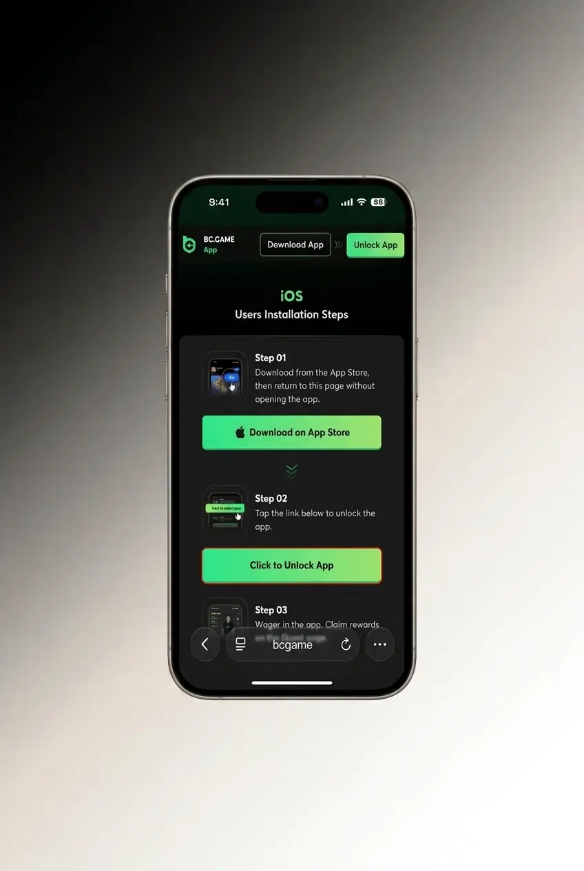 BC Game iOS app install guide on iPhone showing Safari Add to Home Screen steps for web app access